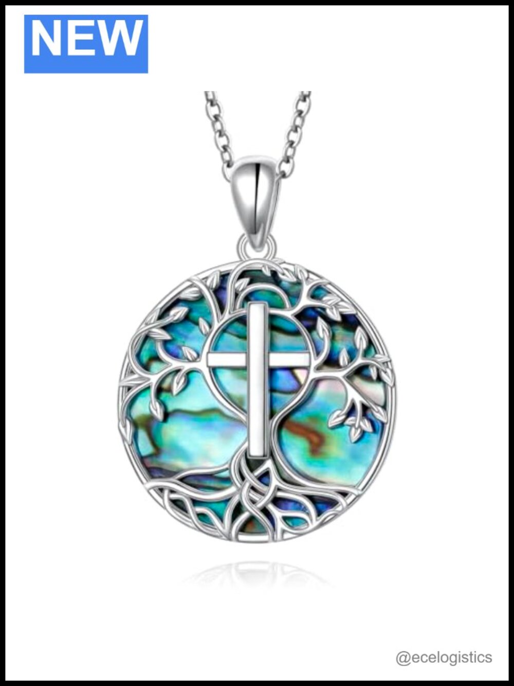 925 Sterling Silver Abalone Shell Tree of Life Cross Pendant Necklace